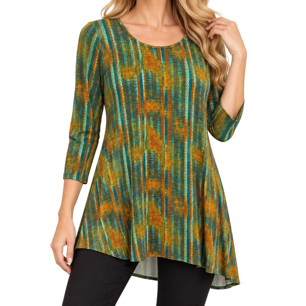 Intro Stretch Woman Sz 1X Blue Green Yellow Artsy Blouse Shirt Top Fall Tropical